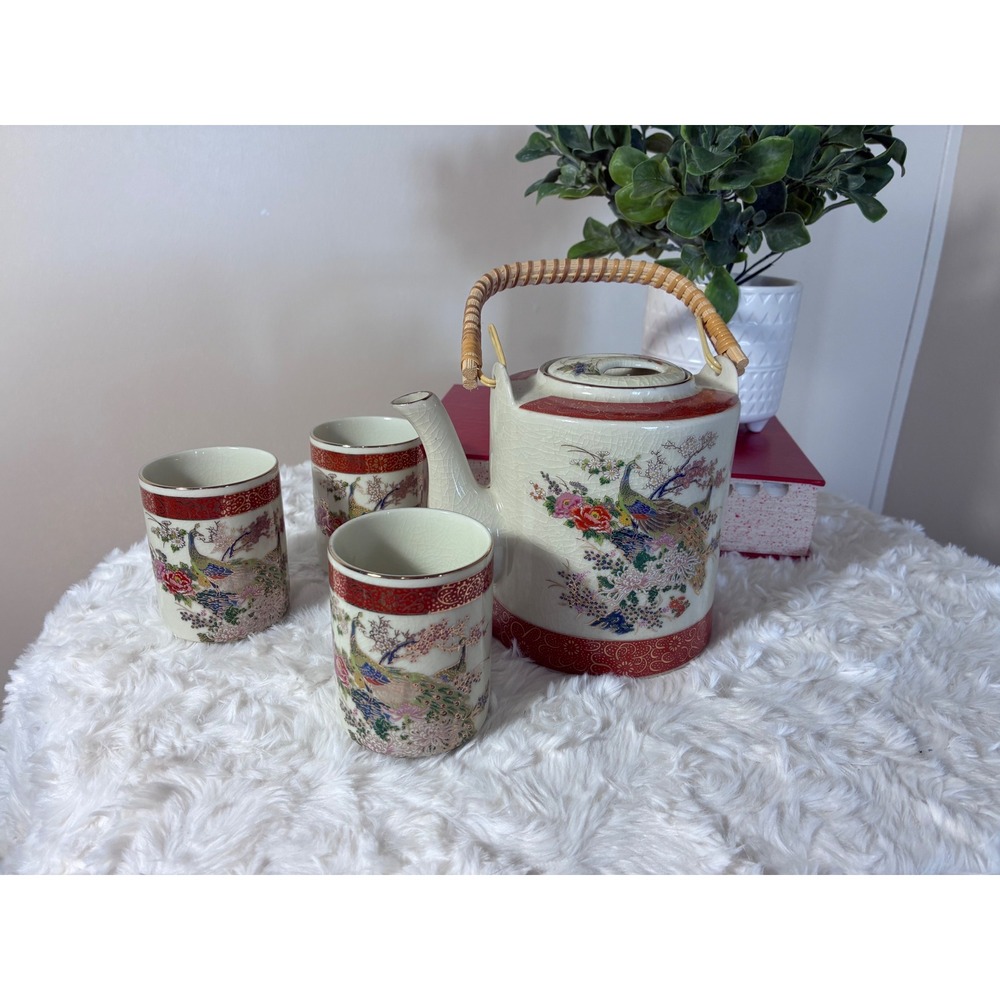 Vintage Peacock Tea Set Teapot 3 Cups Crackle Glaze Japan 1979 Arnart Satsuma